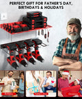 Heavy Duty Wall Mount Power Tool Organizer Rack For Garage, Workshop And Shed That Holds Drills, Batteries, Cordless And Handheld Tools, And Accessories In A Steel Red Finish With 100 Lb Capacity And One Piece Design in use.