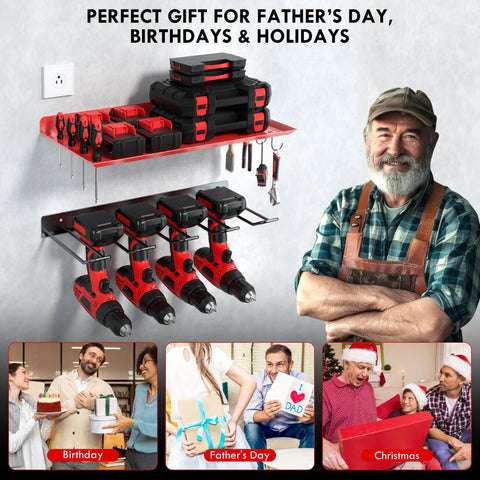 Heavy Duty Wall Mount Power Tool Organizer Rack For Garage, Workshop And Shed That Holds Drills, Batteries, Cordless And Handheld Tools, And Accessories In A Steel Red Finish With 100 Lb Capacity And One Piece Design in use.