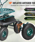Green Garden Cart Rolling Workseat With Wheels 360 Degree Swivel Gardening Stool, 10-inch tires, patio utility tray visible