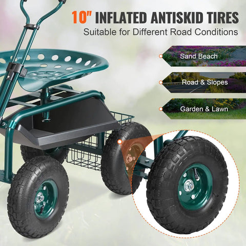 Green Garden Cart Rolling Workseat With Wheels 360 Degree Swivel Gardening Stool, 10-inch tires, patio utility tray visible