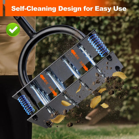 Your Go To Lawn Aerator Tool With 16 Iron Spikes And Ergonomic T Handle ejecting soil and debris during use