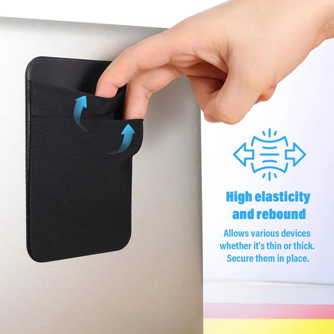 Hand placing a device into a Stick On Dual Pocket SSD Carrying Case With Reusable Adhesive on laptop, emphasizing elasticity.