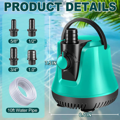 Submersible Pool Sump Pump With Adjustable Flow 950GPH Capacity Easy Setup 80W Motor, 4 adapters, 10ft hose shown