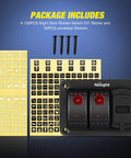 Package includes 2 Gang Rocker Switch Panel With Red Backlight, 4.8 Amp Dual USB Charger, Voltmeter, and night glow stickers.