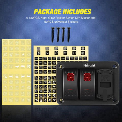 Package includes 2 Gang Rocker Switch Panel With Red Backlight, 4.8 Amp Dual USB Charger, Voltmeter, and night glow stickers.