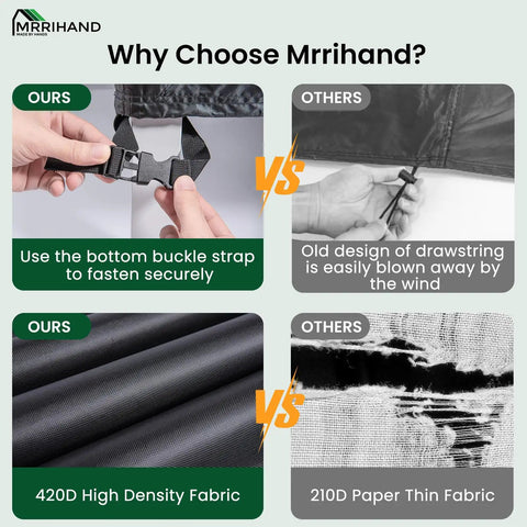 Comparison of Durable Outdoor Chaise Lounge Cover For Patio Furniture Waterproof And UV Resistant Built To Last With Air Vents 420D fabric and buckle strap vs 210D fabric and drawstring.