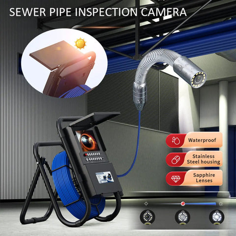 Real Deal Professional 7 Inch Drain Inspection Camera With Dvr Video And Keypad, 20 Meter Glass Fiber Shaft, Digital Distance Meter, 16Gb Memory Card, Kick Butt Borescope For Plumbing Crews, with waterproof housing and illuminated probe.