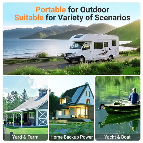 Collage of scenarios for 12V 100Ah LiFePO4 Battery Group 24 With Bluetooth Real Time Monitoring And 100A BMS use in RVs, homes, boats.