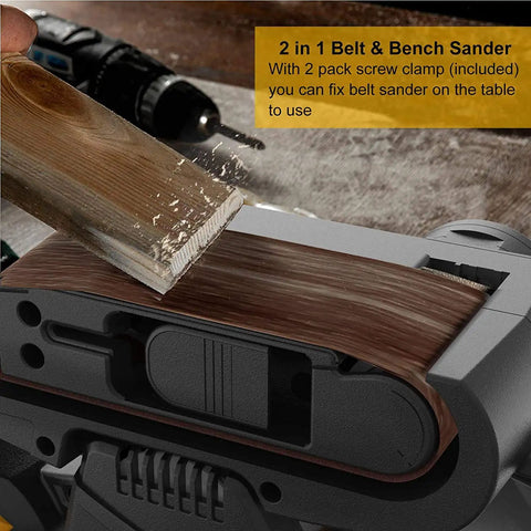 7 Amp Handheld Belt Sander With 3 x 21 Inch Belts, Dust Bag, And Beast Mode Variable Speed 120 To 400 RPM For Woodworking in use