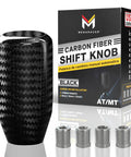 Real Carbon Fiber Shift Knob Upgrade with 4 Metal Adapters shown in front of product packaging for 4 5 6 speed manual and buttonless auto.