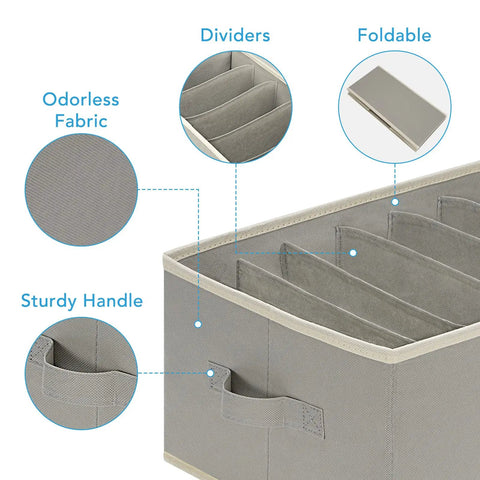 Grey game changing closet organizer bin set with six large compartments, sturdy handles, odorless fabric, foldable design.