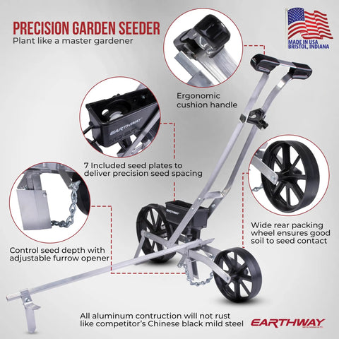 Pro Grade Precision Garden Seeder With 7 Seed Plates for Home Gardeners, aluminum body, ergonomic handle, seed drill visible