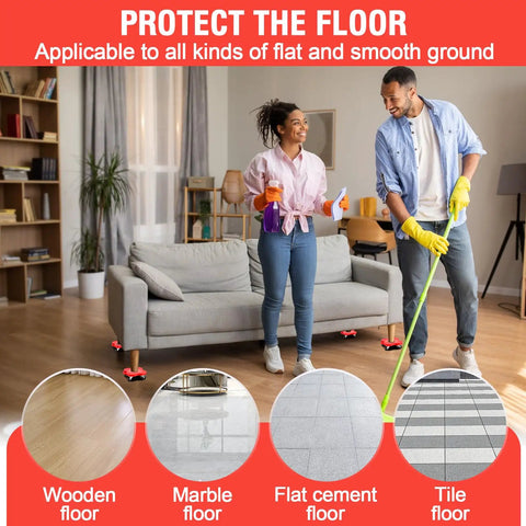 Image of No Sweat Heavy Duty Furniture Mover Sliders With Braked Swivel Wheels and 360 Degree Turn Anti Grip Footpads under a couch on smooth flooring.