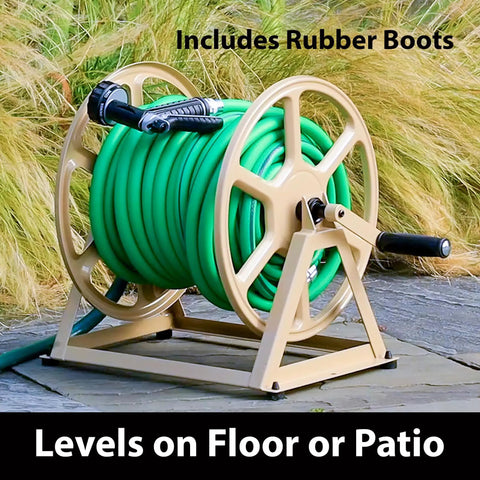 Heavy Duty Steel Hose Reel For Wall Or Floor Mount, Beefed Up To Hold 200 Feet Of Five Eighth Inch Hose, Weather Resistant Tan Finish