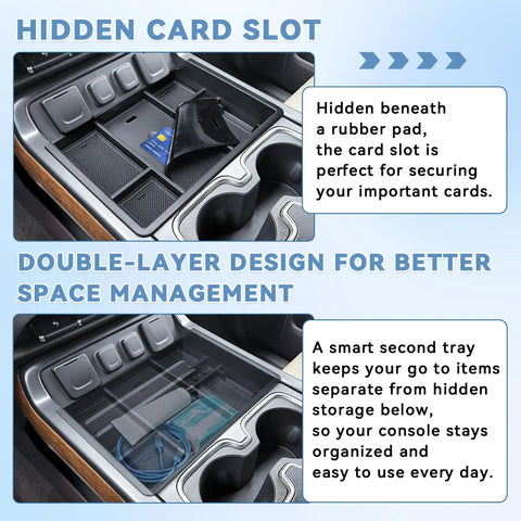 Center Console Organizer Tray For Full Console With Bucket Seats Fits 2014 2018 Chevy Silverado GMC Sierra 1500 And 2015 2019 Silverado Sierra 2500HD 3500HD Storage Compartment For Your Truck with hidden card slot and double-layer design.