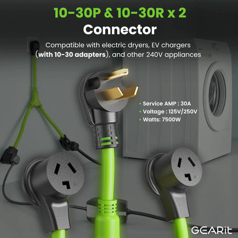 Y Splitter Dryer Cord 30 Amp NEMA 10 30P to Two NEMA 10 30R Receptacles with green cables shown next to washer