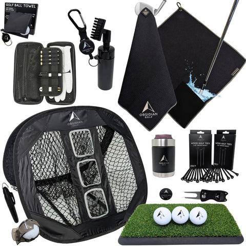12 Piece Premium Golf Gift Set With Magnetic Towel, Chipping Net And Accessories For Golfers, Ready To Gift Christmas Gift Box displayed