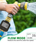 Solid Brass Flow Meter With Real Time Flow Rate Last Time Water Volume Gallons And Liters Average Daily Flow And Total Flow Built Tough For RV Tanks Garden Hoses Lawn Sprinklers And Nozzle Sprayers on hose displaying 3.6 gal/min