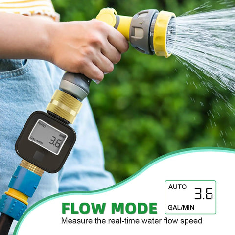 Solid Brass Flow Meter With Real Time Flow Rate Last Time Water Volume Gallons And Liters Average Daily Flow And Total Flow Built Tough For RV Tanks Garden Hoses Lawn Sprinklers And Nozzle Sprayers on hose displaying 3.6 gal/min