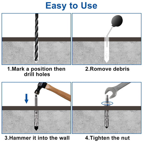 Diagram showing installation steps for One Half Inch By Three And One Half Inch Stainless Steel Wedge Concrete Anchors Heavy Duty Bolts For Cement A2-70 Strength 304 Stainless Steel Torque Controlled Expansion 4 Pack Ideal For Masonry Installations
