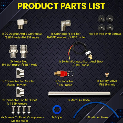 Parts list for 3L Dope Air Tank Kit With Adapters For DIY Airbrush Setup, including connectors, auto start stop switch, and hoses.