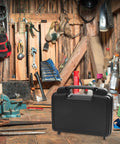 Tough As Nails Plastic Toolbox With Reinforced Carry Handles For Home Repairs And Power Tool Storage Organizer Bin Crafted Snappy For Weekend Warriors And Trade Pros on workbench.