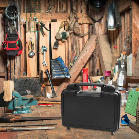 Badass Plastic Toolbox Portable Tool Case With Detachable Storage Tray And Super Grippy Handle in a workshop setting.