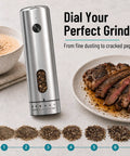 One Hand Press Electric Salt And Pepper Grinder Set With Charging Base Auto Seasoning Tool For Cooking Easy Use No Twisting Wrist Relief Cordless Rechargeable Kitchen Gadget, showing grinder and spices.