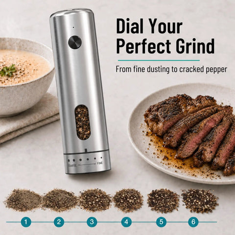 One Hand Press Electric Salt And Pepper Grinder Set With Charging Base Auto Seasoning Tool For Cooking Easy Use No Twisting Wrist Relief Cordless Rechargeable Kitchen Gadget, showing grinder and spices.