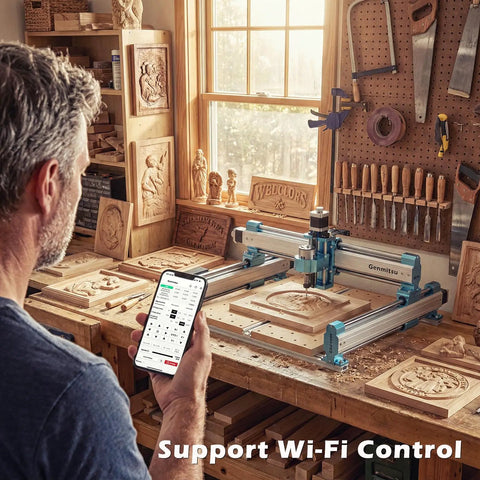 Man uses phone to control Desktop 4040 Pro CNC Milling Machine With Four Axis Ready and WiFi Module in woodworking shop