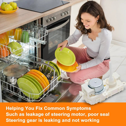 Woman unloading dishwasher next to Diverter Valve Motor for Whirlpool Dishwasher Replacement 120V 60Hz With Beefed-Up Heavy Duty HSC Perfect Fit Seal, W10537869 Compatible With KDTE, WDT720, WDT730, KDFE And GLB Series, emphasizing leakage and seal issues.