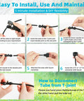 Installation steps for Outdoor Misting System for Patio and Garden Beat the Heat With 50 Ft Cooling Mist Kit Water Filter 1/4 Inch Tubing All Weather Setup Ideal for Patio Greenhouse Pool BBQ and Irrigation with tools and hands shown.