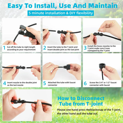 Installation steps for Outdoor Misting System for Patio and Garden Beat the Heat With 50 Ft Cooling Mist Kit Water Filter 1/4 Inch Tubing All Weather Setup Ideal for Patio Greenhouse Pool BBQ and Irrigation with tools and hands shown.