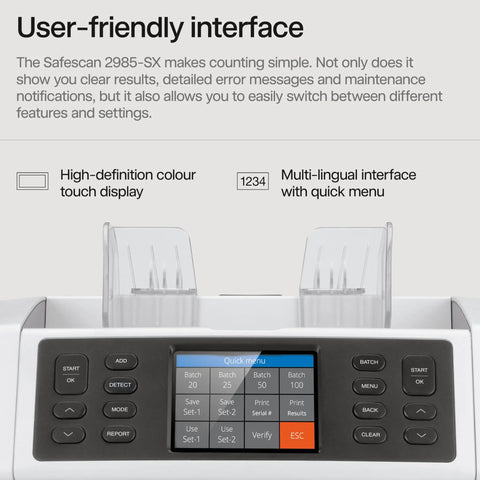 Bank Grade Money Counter Goes Hard On Counting Up To 1200 Bills Per Minute With Advanced Counterfeit Detection showing user-friendly touch interface.