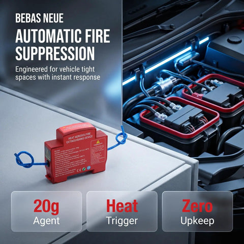 Space Saving Mini Aerosol Fire Extinguisher For Car Interior Hella Compact Portable Vehicle Emergency Flame Suppressor on a vehicle engine.