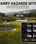 Swami 7000i Touchscreen Golf GPS Rangefinder With Two Point Five Inch Color Display showing distance measurement on a golf course.