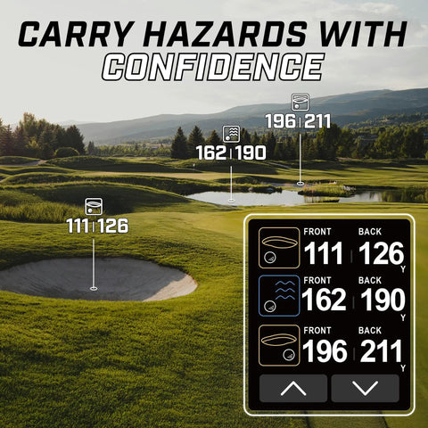 Swami 7000i Touchscreen Golf GPS Rangefinder With Two Point Five Inch Color Display showing distance measurement on a golf course.