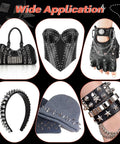 Punk Stud Kit For Leather And Clothing DIY Decor 480 Mixed Cone Spikes on accessories like bag, corset, gloves, headband, beanie, bracelets.