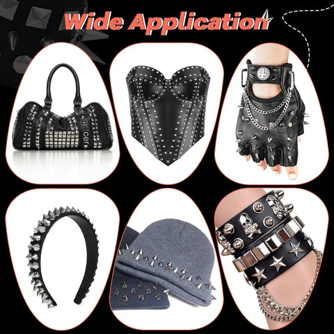 Punk Stud Kit For Leather And Clothing DIY Decor 480 Mixed Cone Spikes on accessories like bag, corset, gloves, headband, beanie, bracelets.