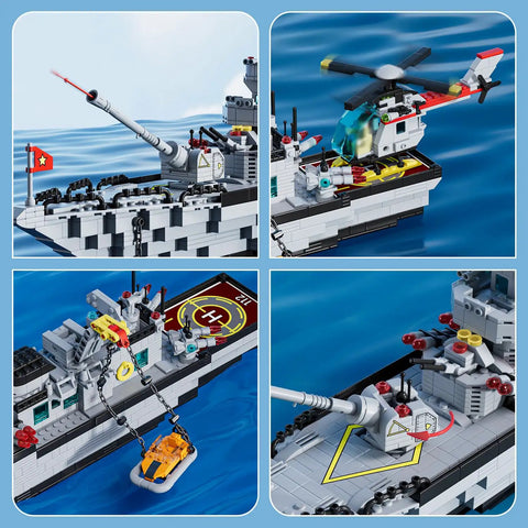 Massive 8 In 1 Military Battleship Building Set With 31.5 Inch Navy Warship Model shown with helicopter and lifeboat details