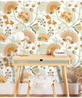 Dope Boho Floral Peel And Stick Wallpaper With Vintage Chomper Flower Design on wall in stylish home office decor setting
