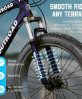 Close-up of Beefy Fat Tire 26-Inch Mountain Bike With 21-Speed Drivetrain showcasing front suspension fork and 4-inch fat tire.
