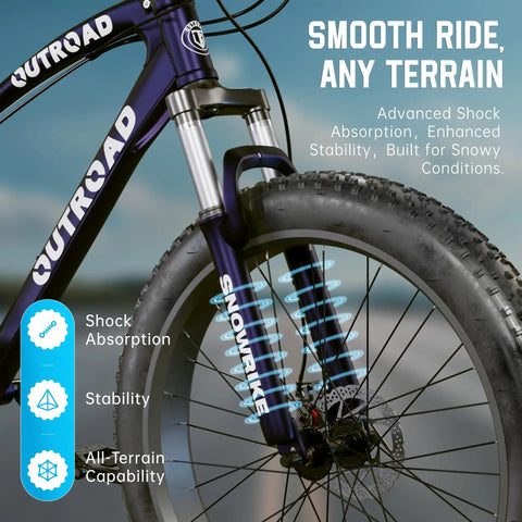 Close-up of Beefy Fat Tire 26-Inch Mountain Bike With 21-Speed Drivetrain showcasing front suspension fork and 4-inch fat tire.