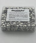 Pro Shop Grade Silver Finish Upholstery Tacks 7 16 Inch Round Heads 500 Piece Set in clear container with instructions.
