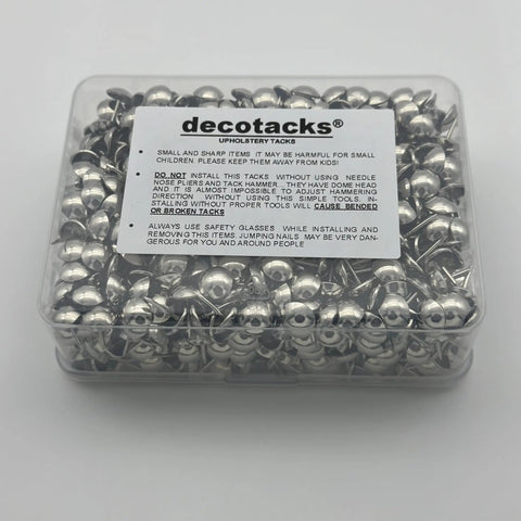 Pro Shop Grade Silver Finish Upholstery Tacks 7 16 Inch Round Heads 500 Piece Set in clear container with instructions.