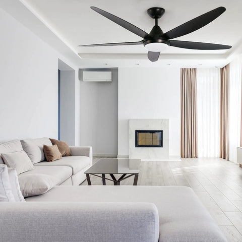 Indoor Ceiling Fan With 56 LED Lights, 5-Blade Black Fan With Remote in modern living room with white sofa and windows.