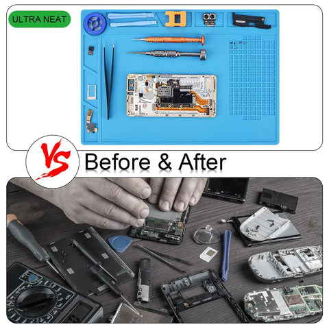 Comparison of using Soldering Mat Silicone Repair Mat Non Slip Heat Resistant To 932 Fahrenheit for electronics repair