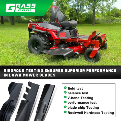 Timecutter 50 Inch Mower Blades Replacement For Toro Timecutter Zero Turn Mowers 50 Deck High Lift Durable Edge For Clean Cut And Long Lasting Performance Compatible With 110683703 115505903 112975903 on display with testing features.