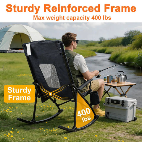 Person sitting in Two Pack Heavy Duty Folding Rocking Chairs For Adults 400 Lbs Capacity With High Back And Hard Armrests by a river