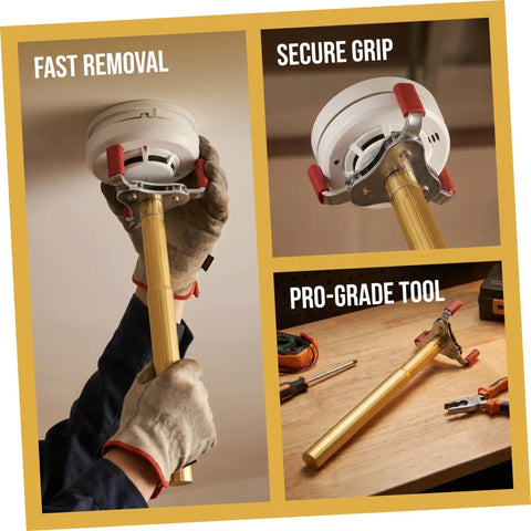 Ladder Free Smoke Sensor Removal Tool With 11 Point Eight Inch Extended Reach Stick for high ceiling detectors being used.